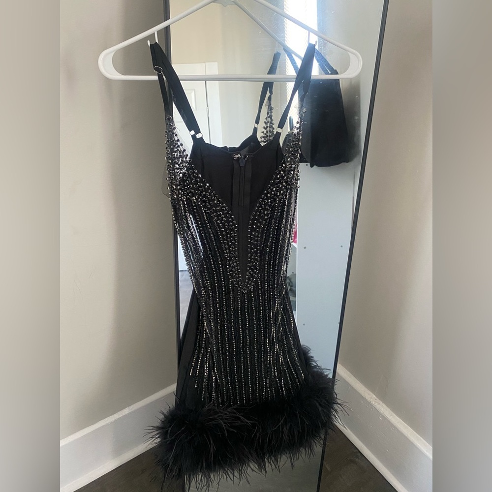 Rhinestone Crystal Diamond Bodycon Party Dress With Fringe Feathers